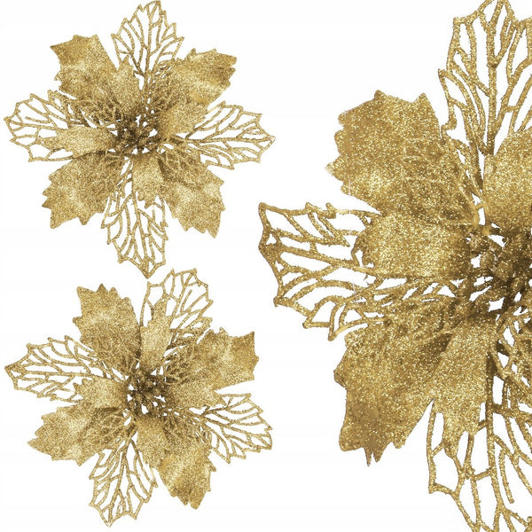 Set 10 ornamente pentru bradul de Craciun, stea Poinsettia, 16cm, galben auriu