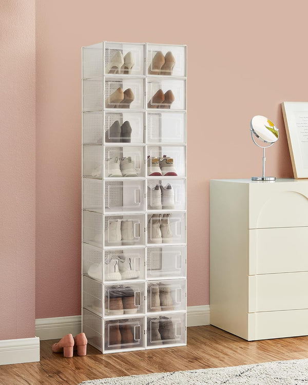 SONGMICS Cutii de pantofi, set de 18 organizatoare stivuibile, structura rezistenta ABS, 35x25x19cm, transparent