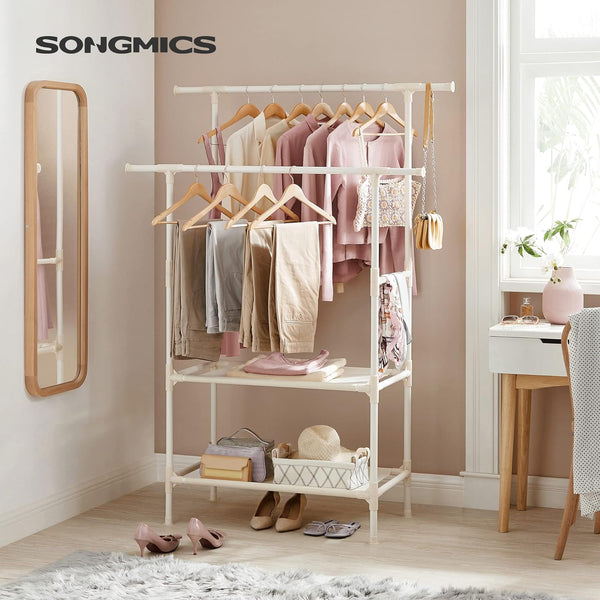 SONGMICS Raft de haine cu bara dubla pentru umerase, 2 polite, incarcare 70 kg, 114x45x171cm, alb