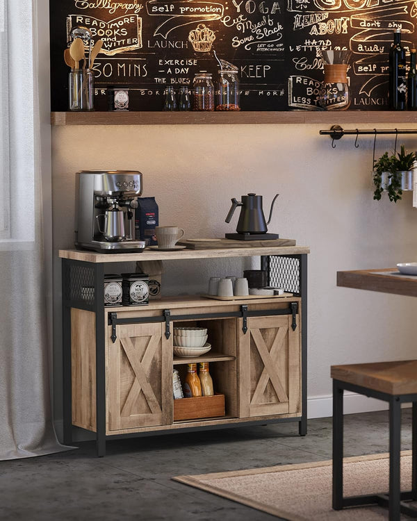 VASAGLE Comoda pentru living sau bucatarie, cu 2 usi glisante, rafturi reglabile, stil rustic, 33x100x80 cm, maro