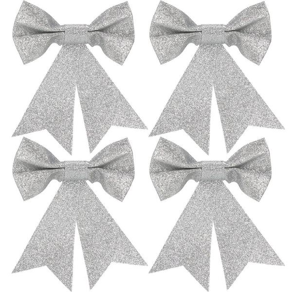 Set 4 ornamente pentru bradul de Craciun, fundita, 13cm, argintiu