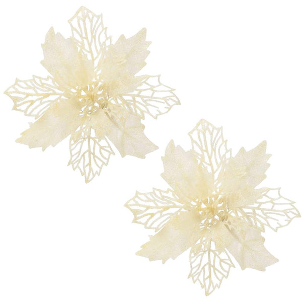 Set 10 ornamente pentru bradul de Craciun, stea Poinsettia, 16cm, crem
