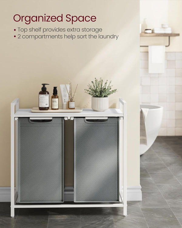 VASAGLE Cos de rufe, 2 compartimente, saci de rufe detasabili, raft, cadru metalic, 2x46L, 73x33x72 cm, alb si gri deschis