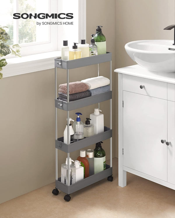 SONGMICS Carucior de depozitare pe roti, pentru bucatarie sau baie, din plastic, cu 4 nivele, 40x13x88cm, gri