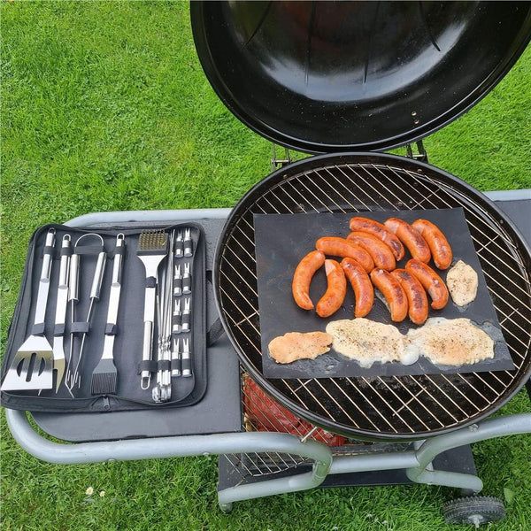 Set accesorii pentru gratar din inox, 20 de piese inclusiv perie, husa transport