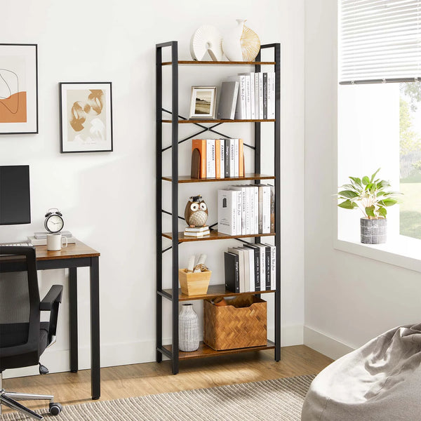 VASAGLE Biblioteca cu cadru otel si 6 polite, stil industrial, 66x30x186cm, maro rustic si negru