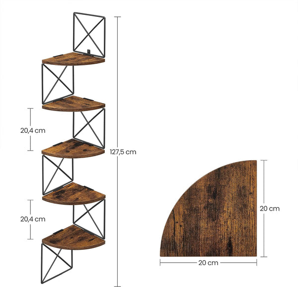 VASAGLE Raft de perete pentru colt, cadru otel cu 5 etaje din MDF, 20x20x128cm, maro rustic si negru