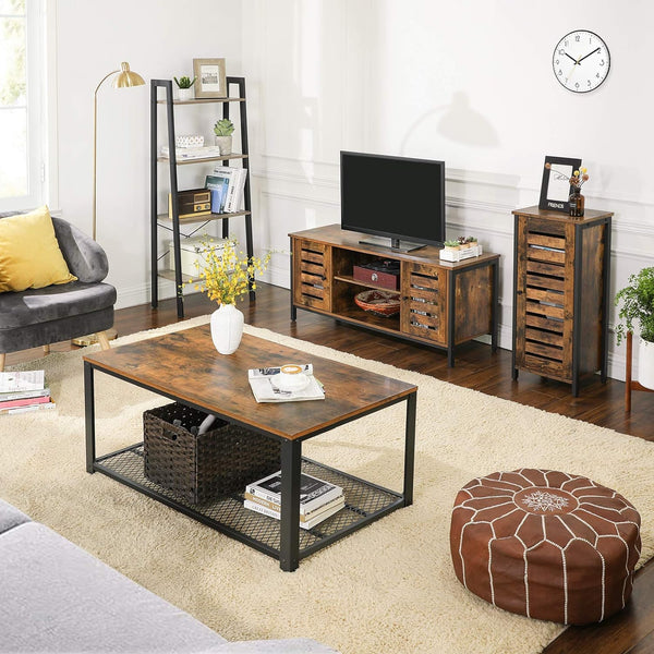 VASAGLE Comoda joasa pentru suport TV, cu rafturi si 2 spatii de depozitare cu usa, stil industrial, 110x40x50cm, maro rustic si negru