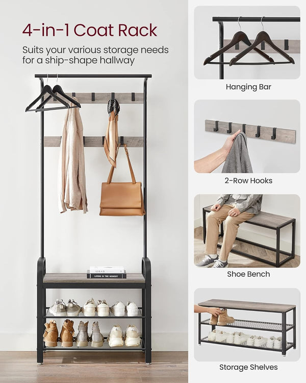 VASAGLE Cuier pentru haine cu banca de depozitare pantofi, cu 9 carlige si sina pentru haine, 34x72x183 cm, gri si negru