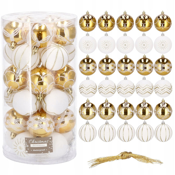 Set globuri de Craciun cu modele de sarbatori, 30 bucati, 5cm, alb auriu