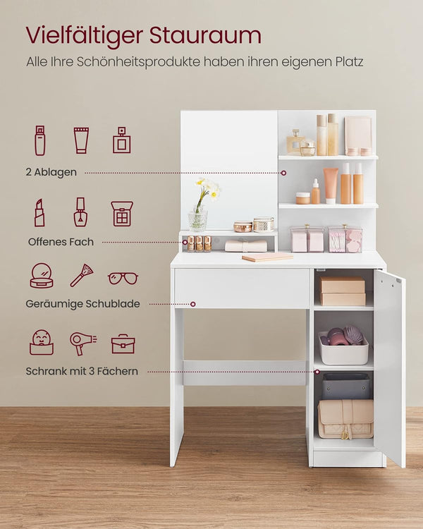 VASAGLE Masuta de toaleta cu oglinda, dulap si sertar pentru cosmetice, 80x40x132cm, alb