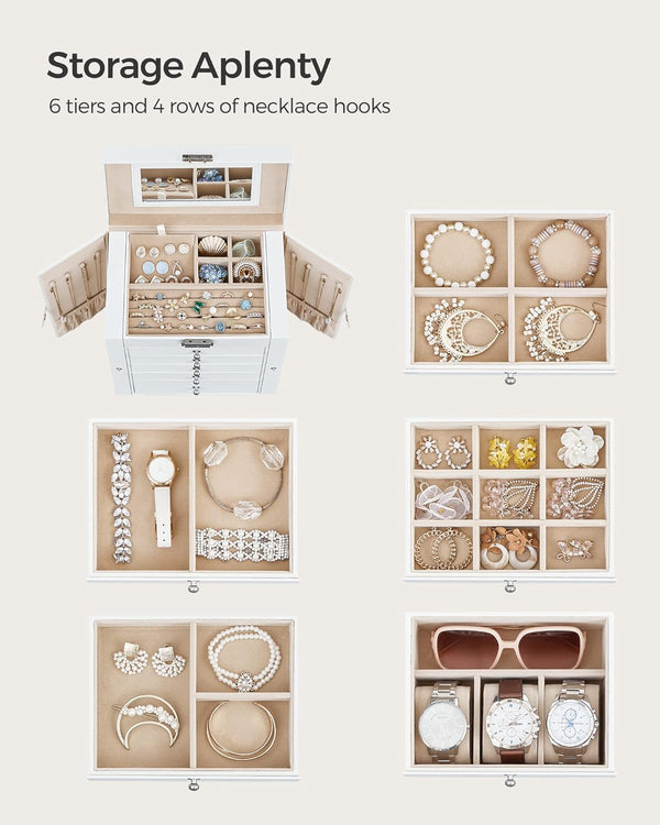 SONGMICS Cutie de bijuterii cu 6 nivele, 5 sertare, oglinda si incuietoare, spatiu pentru ceasuri, 26x15x32cm, alb