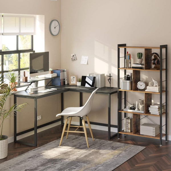 VASAGLE Birou in forma de L cu suport pentru monitor, cadru metalic, 140x130x76cm, negru