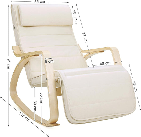 SONGMICS Scaun balansoar din lemn, suport picioare reglabil, maxim 150kg, 55x115x91cm, bej
