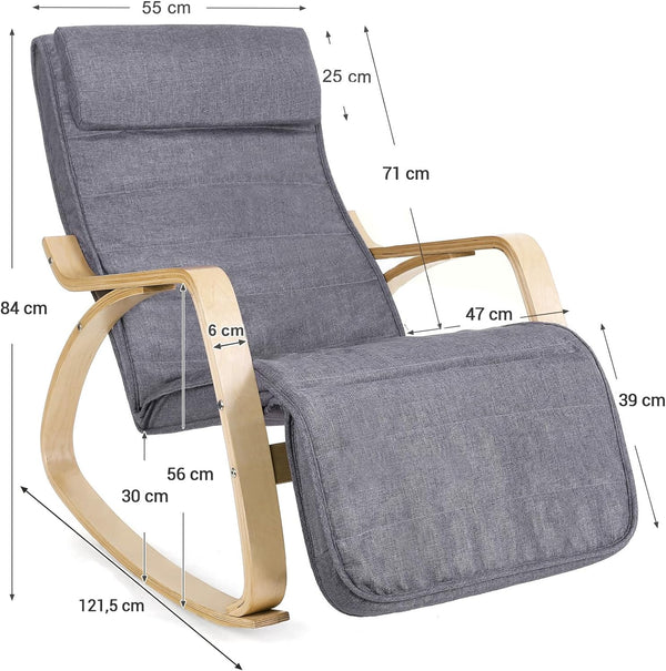 SONGMICS Scaun balansoar din lemn, suport picioare reglabil, maxim 150kg, 55x122x84cm, gri inchis