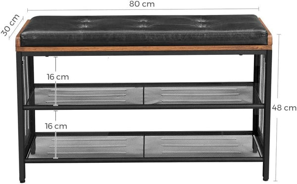 VASAGLE Banca pentru hol, cu raft suport de pantofi, sezut captusit imitatie piele, design industrial, 30x80x48cm, negru cu maro