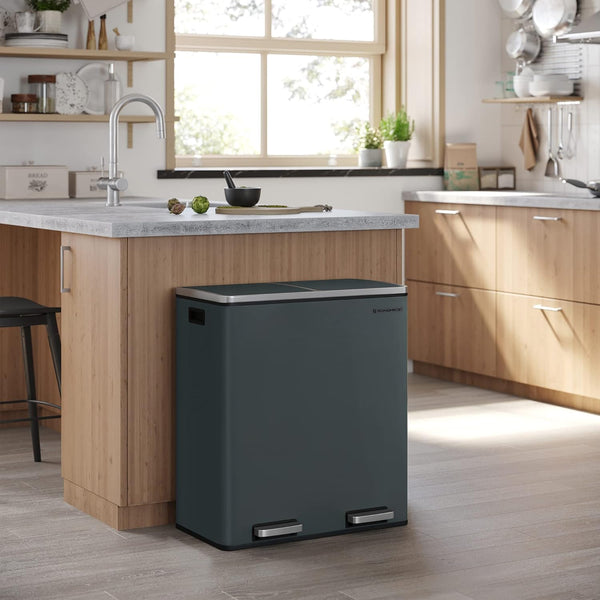 SONGMICS Cos de gunoi din inox cu 2 compartimente colectare selectiva, cu galeti interioare, 2x30litri, gri inchis