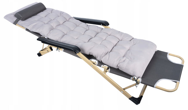 Sezlong pliabil pentru plaja sau gradina, cu perna si tetiera, functie pat, 64x178cm, gri