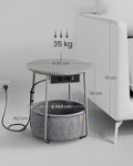 VASAGLE Masuta de cafea rotunda cu cos de stofa, statie de incarcare 2 prize si 2 USB, 45x50cm, gri argintiu