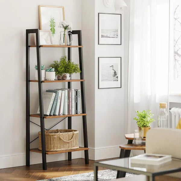 VASAGLE Biblioteca tip scara, cadru otel cu 4 polite din MDF, stil industrial, 56x34x138cm, maro rustic