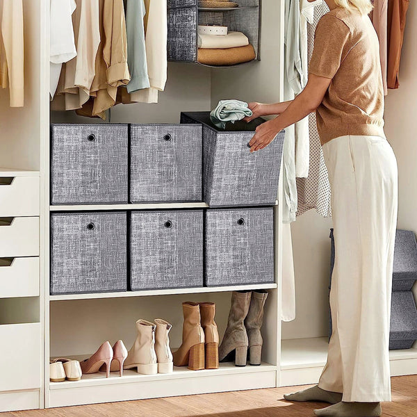 SONGMICS Set 6 cutii de depozitare, pliabile cu maner, material textil si oxford, 30x30x30 cm, gri
