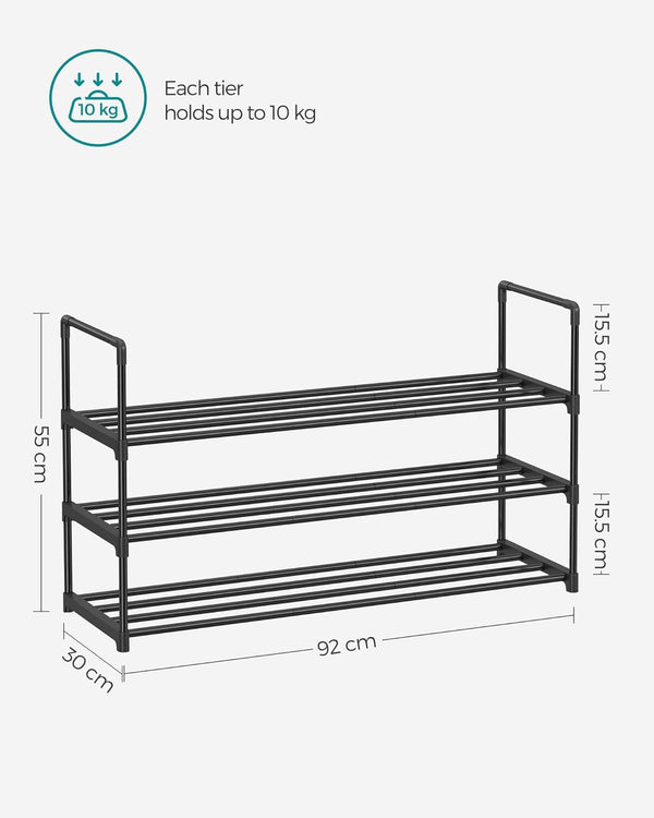 SONGMICS Suport pentru pantofi cu 3 nivele, structura metalica, pentru 12-15 perechi, 92x30x55cm, negru