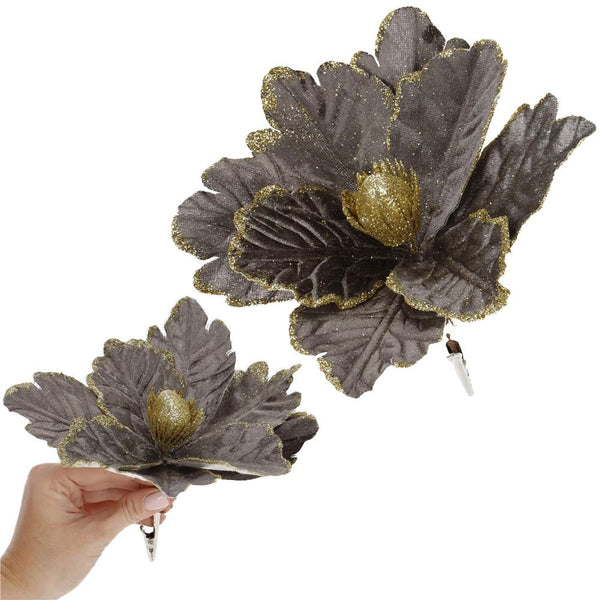 Set 5 ornamente pentru bradul de Craciun, stea Poinsettia, 23cm, gri auriu