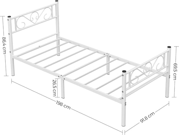 VASAGLE Cadru de pat metalic, pliabil rapid, pentru saltea 90x190 cm, stil industrial loft, 198x92x86 cm, alb