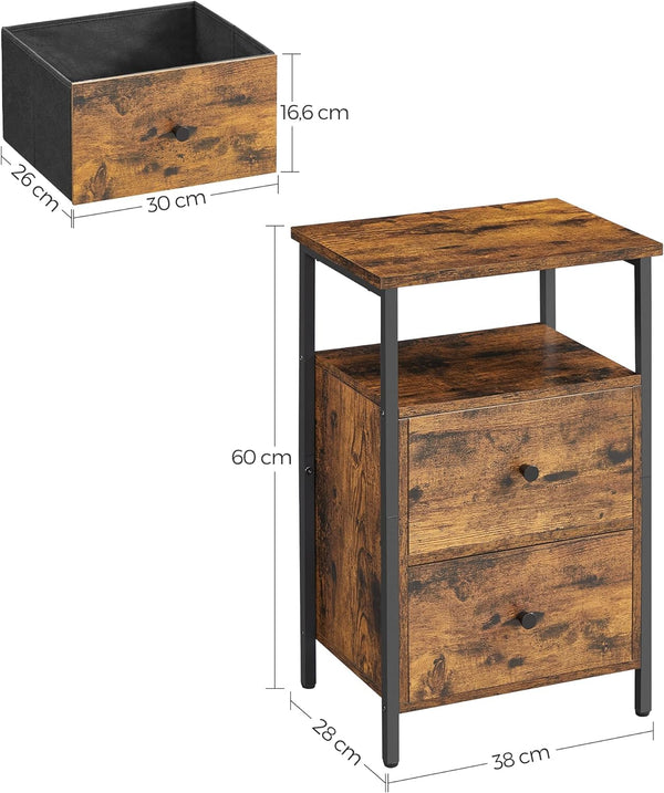 VASAGLE Noptiera cu 2 sertare pentru dormitor, design industrial, 28x38x60cm, maro si negru