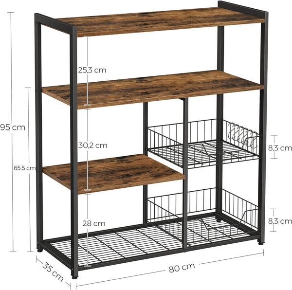 VASAGLE Raft de bucatarie, suport pentru cuptorul cu microunde, 2 cosuri de sarma, 6 carlige S, 35x80x95cm, maro rustic