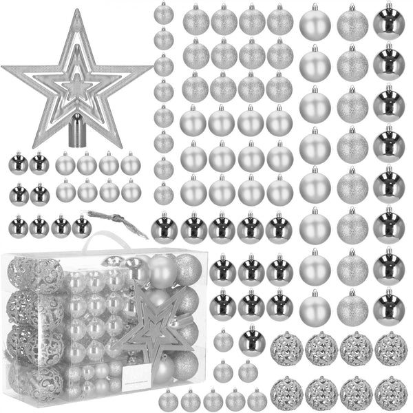 Set globuri si decoratiuni de Craciun, 100 piese, diverse dimensiuni cu stea, argintiu