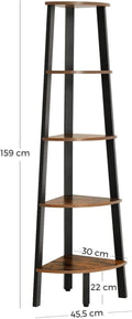VASAGLE Raft de colt cu 5 etaje, tip biblioteca, cadru metal si polite lemn, 33x34x159cm, industrial, maro rustic si negru