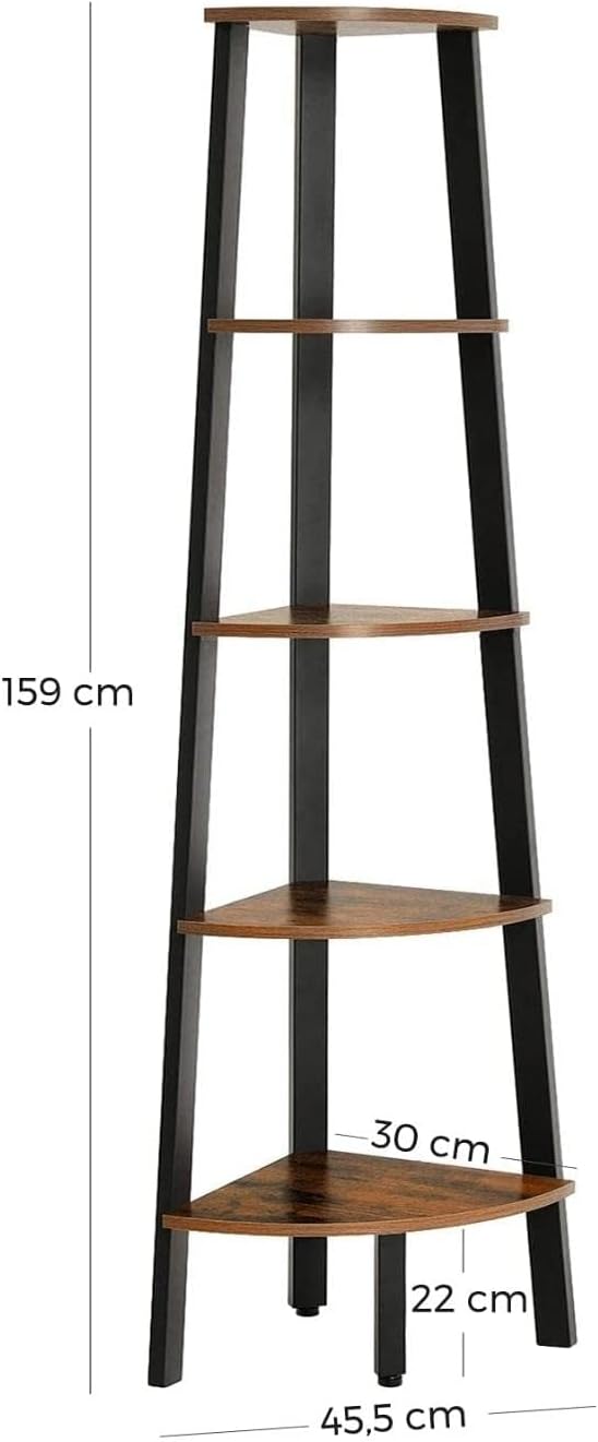 VASAGLE Raft de colt cu 5 etaje, tip biblioteca, cadru metal si polite lemn, 33x34x159cm, industrial, maro rustic si negru