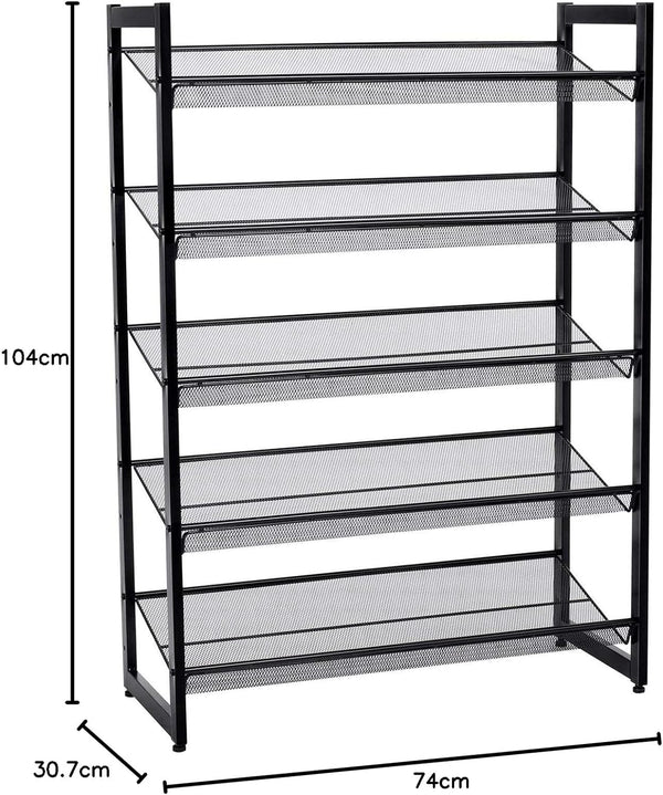 SONGMICS Raft de depozitare pantofi pe 5 niveluri, metal, rafturi plate sau unghiulare reglabile, 31x74x104cm, negru