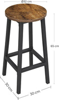 VASAGLE Set 2 scaune bar inalte, sezut rotund, cadru din otel, inaltime 65 cm, stil industrial, maro rustic si negru