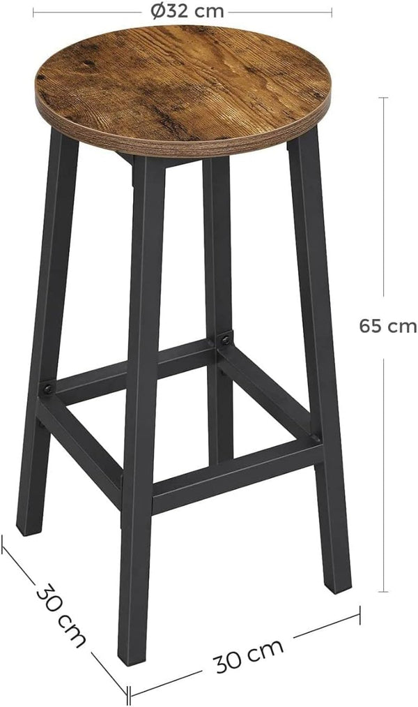 VASAGLE Set 2 scaune bar inalte, sezut rotund, cadru din otel, inaltime 65 cm, stil industrial, maro rustic si negru