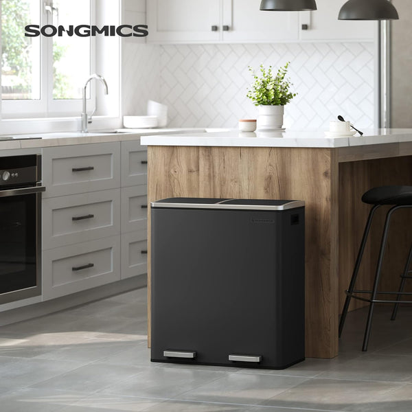 SONGMICS Cos de gunoi din inox cu 2 compartimente colectare selectiva, cu galeti interioare, 2x30litri, negru
