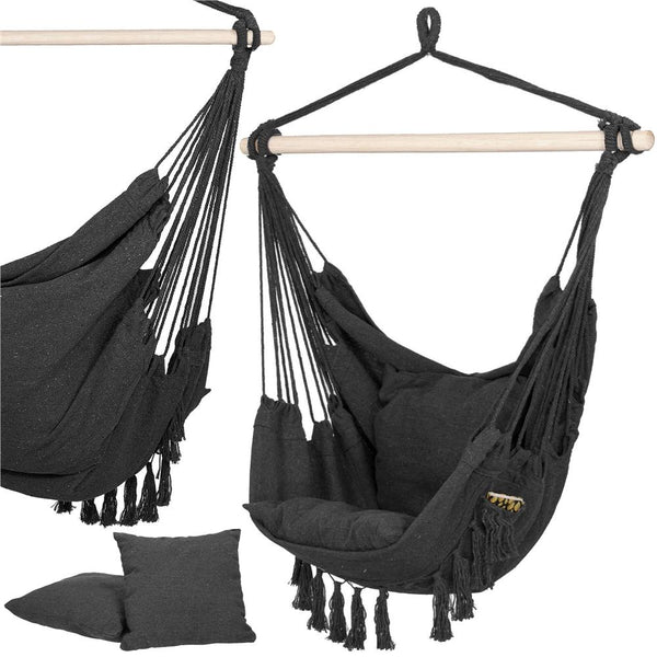 Hamac tip leagan suspendat pentru casa sau gradina, cu perne, 130x100cm, 150kg, gri inchis