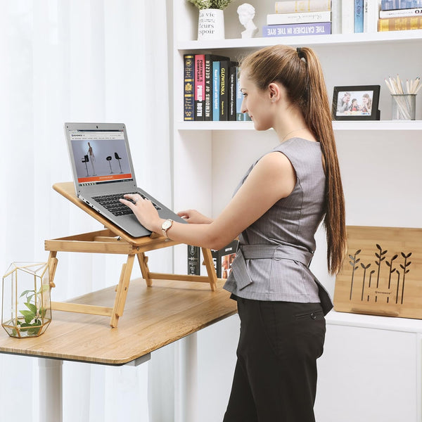 SONGMICS Masa de pat pentru laptop, plabila si reglabila, bambus, 55x35x29 cm, maro