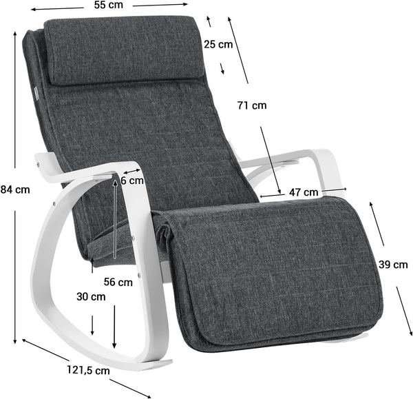 SONGMICS Scaun balansoar din lemn, suport picioare reglabil, maxim 150kg, 67x115x91cm, gri si alb