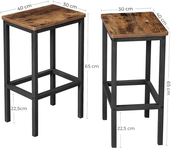 VASAGLE Set 2 scaune bar inalte, sezut dreptunghiular, cadru din otel, 40x30x65cm, stil industrial, maro rustic si negru