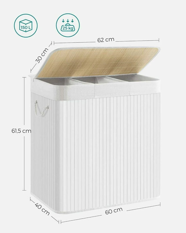 SONGMICS Cos de rufe din bambus, pliabil, cu captuseala detasabila lavabila, 3 compartimente, 150L, 60x40x62cm, alb