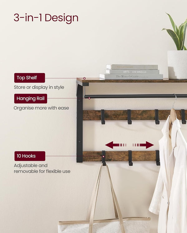 VASAGLE Cuier de perete cu raft de depozitare, 10 carlige, 30x80x42 cm, maro rustic