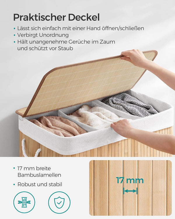 SONGMICS Cos de rufe din bambus, pliabil, cu captuseala detasabila lavabila, 3 compartimente, 150L, 60x40x60cm, natural