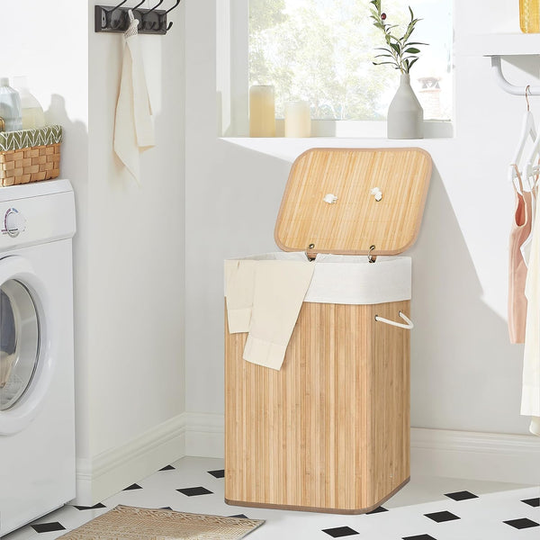 SONGMICS Cos de rufe din bambus, pliabil, cu captuseala detasabila lavabila, 72L, 40x30x60cm, natural