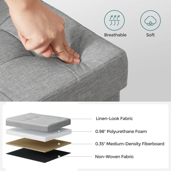 SONGMICS Taburet pliabil cu sezut moale, spatiu de depozitare 131litri, maxim 300kg, 110x38x38cm, gri