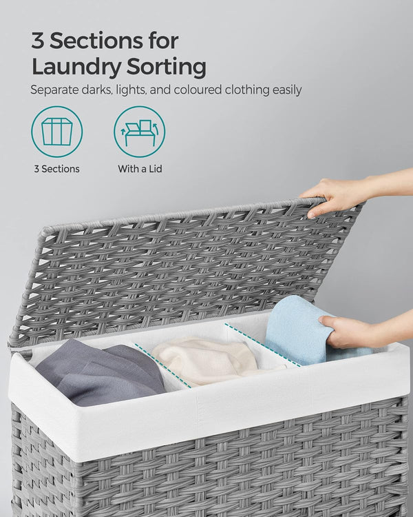 SONGMICS Cos de rufe tesut manual, cu captuseala detasabila lavabila, 3 compartimente, stil ratan, 140 litri, 66x33x60 cm, gri