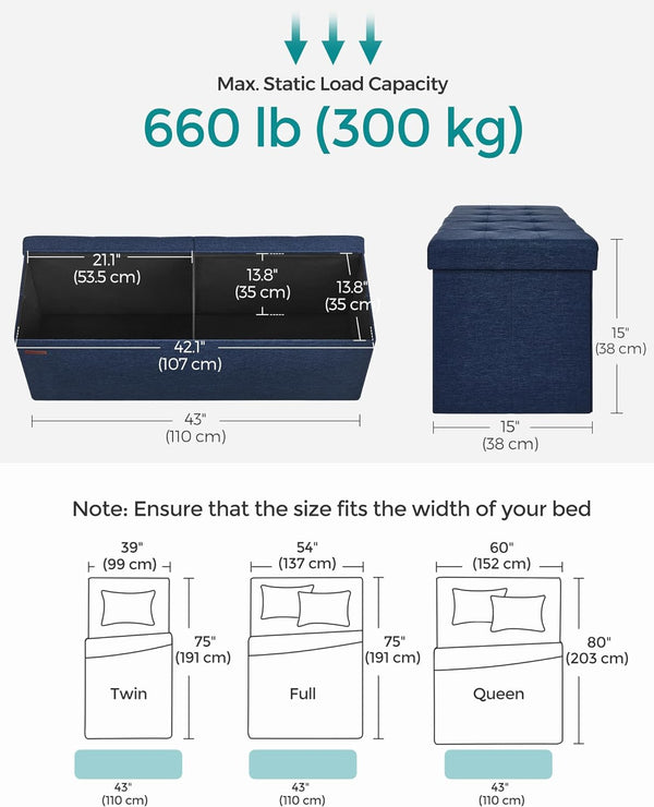 SONGMICS Taburet pliabil cu sezut moale, spatiu de depozitare 131litri, maxim 300kg, 110x38x38cm, albastru inchis