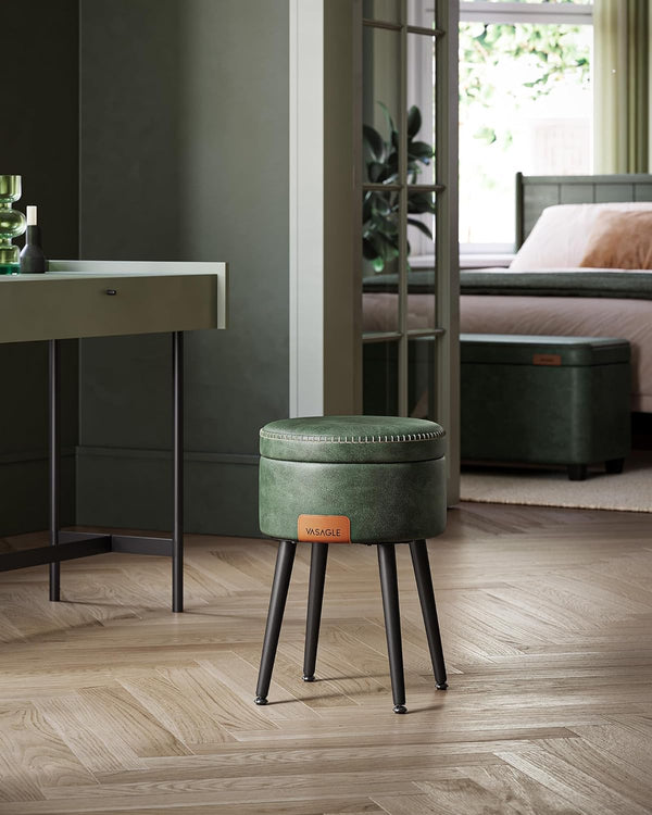 VASAGLE Taburet cu spatiu de depozitare, tapitat PU, cu 2 fete, diametru 32 cm, verde