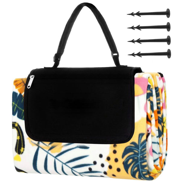 Patura pentru picnic sau plaja, cu folie izolatoare si maner, 200x200cm, model tropical, alb verde